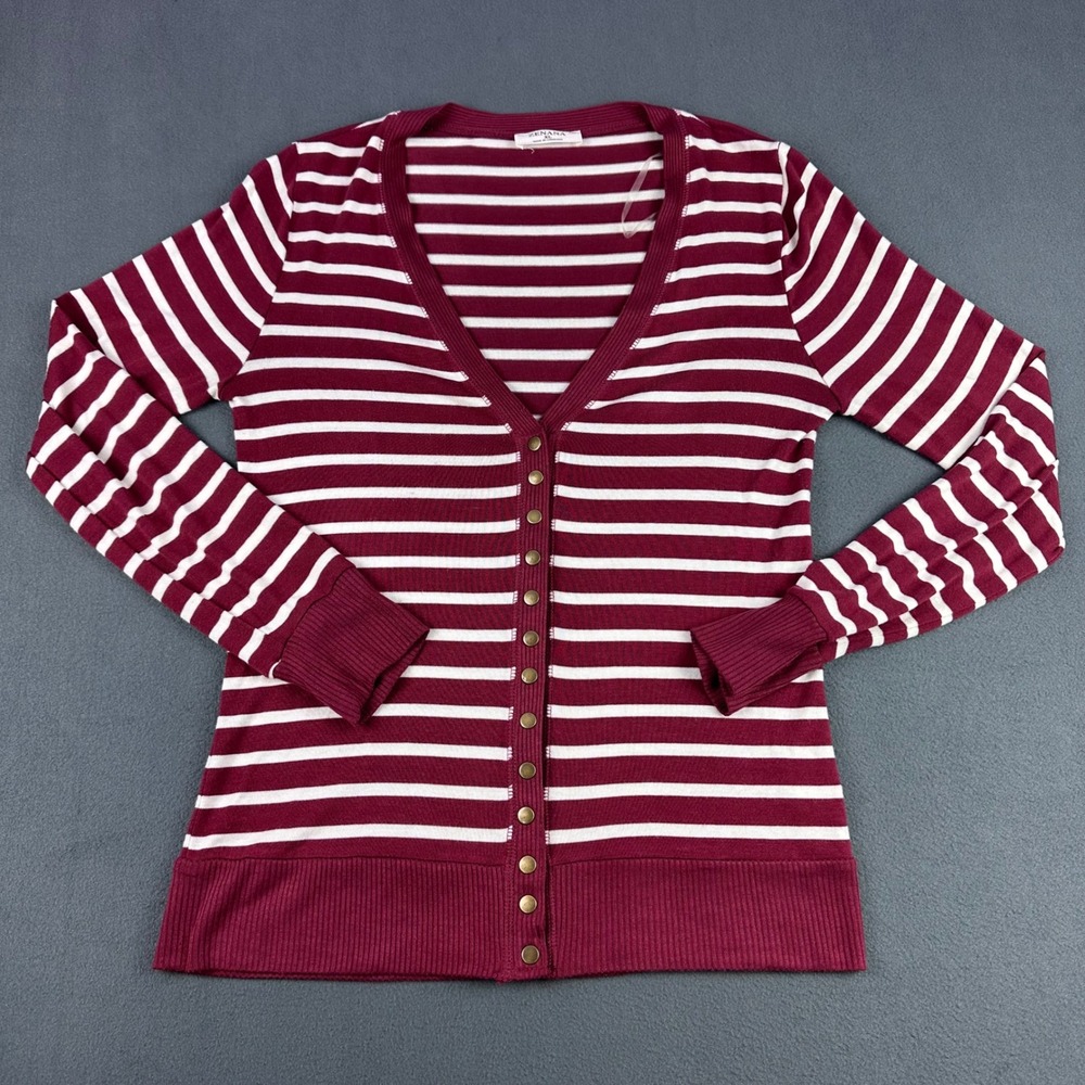 Zenana Striped Cardigan XL Burgundy White V-Neck Button Front HW-2099AB
